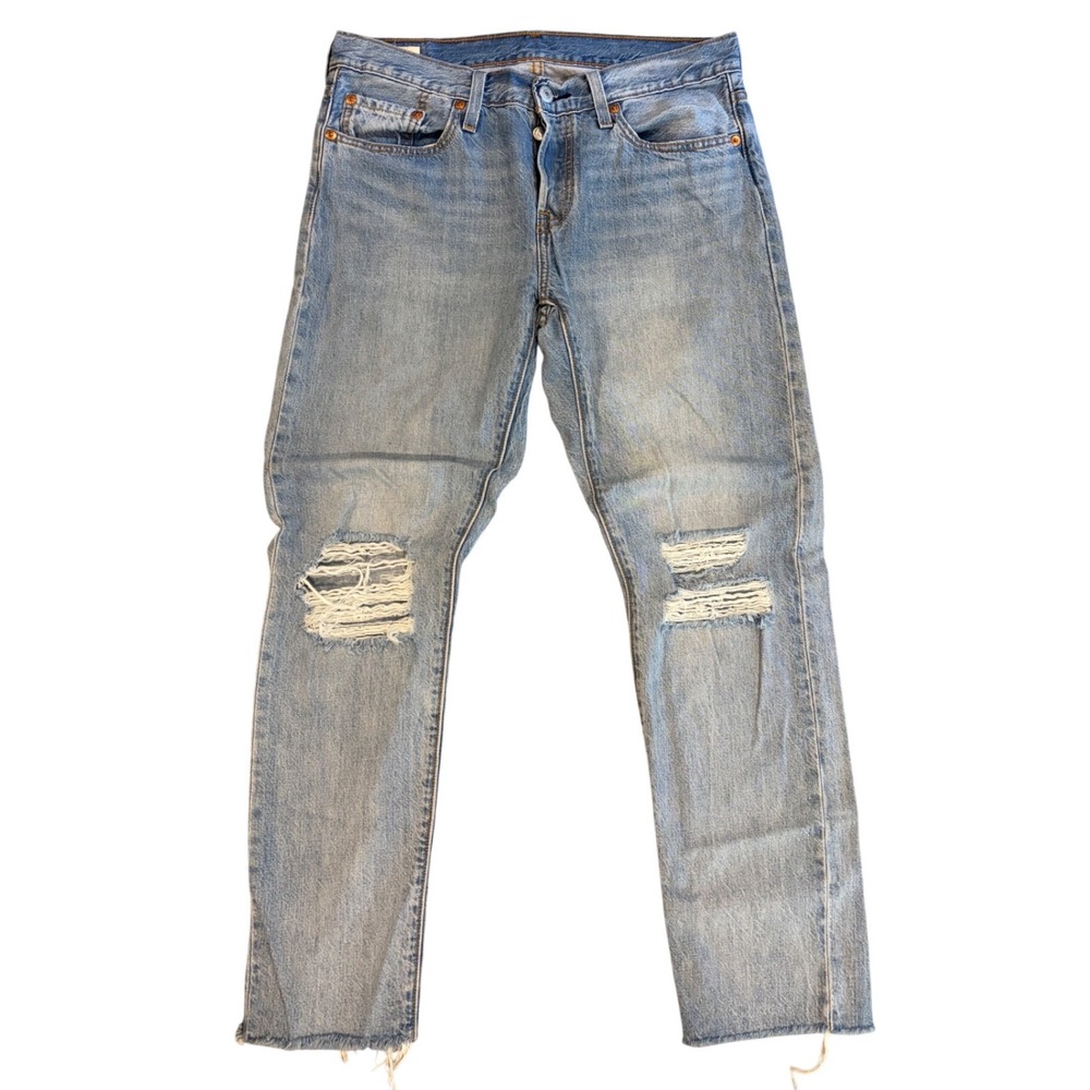 Levi's 501 ST Slim Taper Jeans W28 L28 Distressed Raw Hem Button Fly Light Wash
